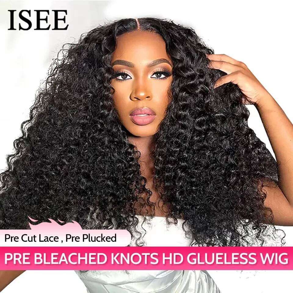 Wear ISEE HAIR PreBleached Knots Kinky Curly HD Glueless Human Wigs Ready To Go Pre Cut Lace PrePlucked Hairline Wig