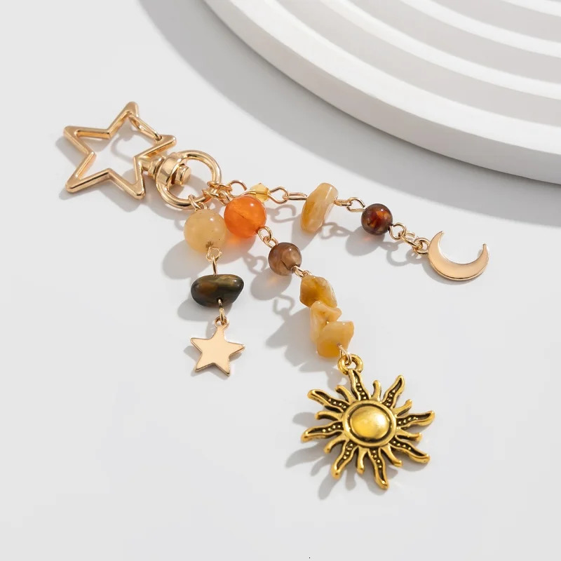 Punk Stars Moon Sun Pendant Bag Keychain for Women Girls Charm Boho Colorful Beads Key Ring Bag Chain Y2K Jewelry Gift 250605