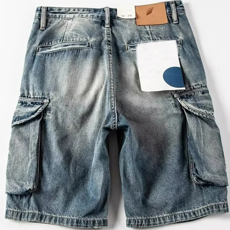 Heavy Vintage Jean Shorts Men Summer American Washed Hole Leather Loose Side Pock Riding Denim Shorts Mens Cargo Pants 250529