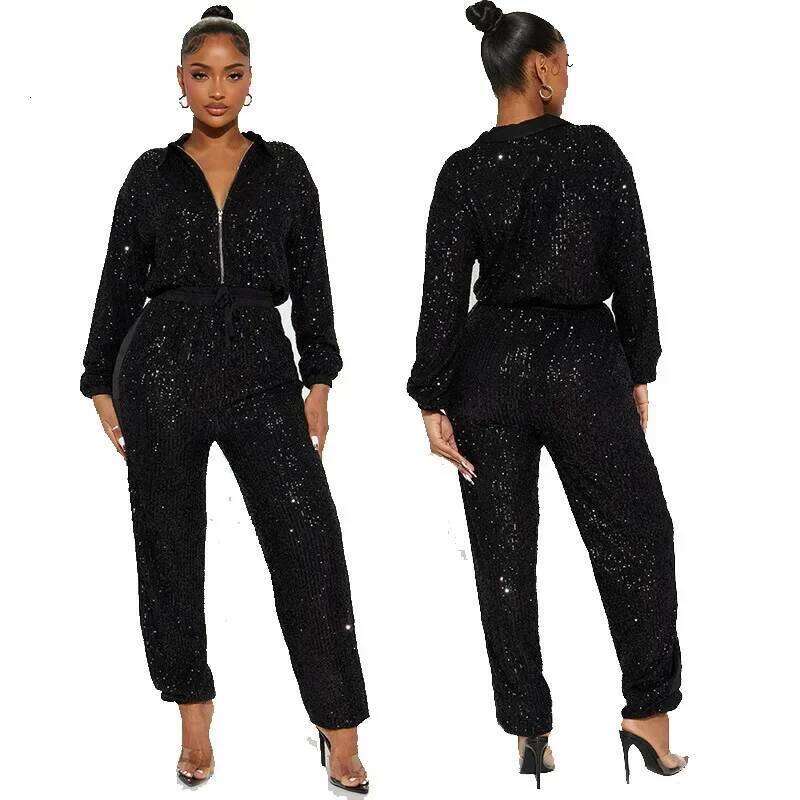 Women Sexy Deep V Jumpsuits Sequins Long Sleeve Zipper Elegant Spring Autumn Thin Female Casual Street Straight Rompers