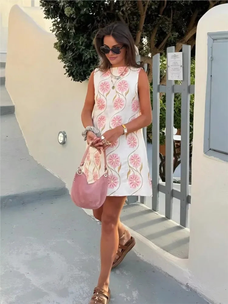 TRAF Print Short Dress Spring Prairie Chic Sleeveless Womens Loose O Neck Simple Midi Casual Lady Dresses 250604