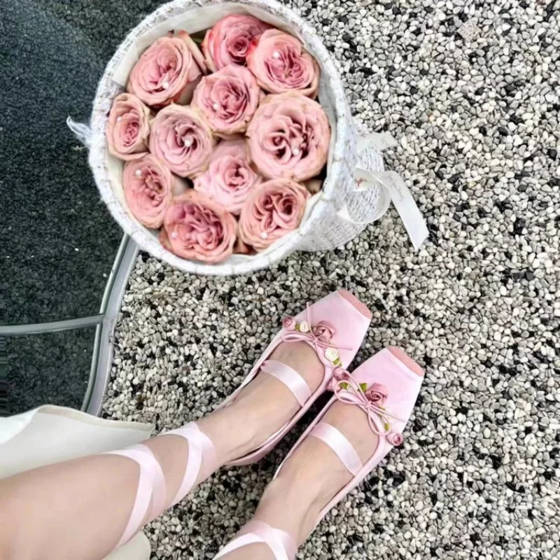 Women Flats Bow Marie Janes Shoes 2025 Spring Lolita Dress Square Toe Shoes Walking Sandals Female Elegant Zapatos 250603