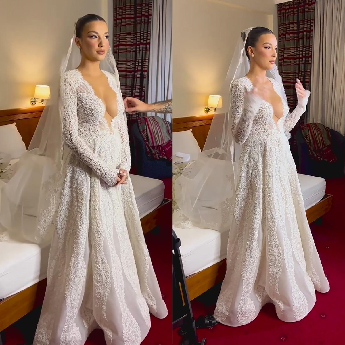 Elegant French Lace Wedding Dresses A Line Deep V Neck Bride Gowns Long Sleeves Custom Made Formal Cathedral Church Garden Bridal Dresses Floor Length