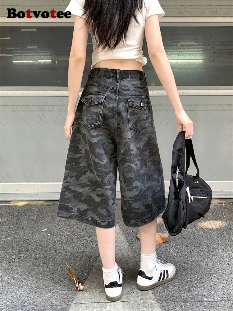 Botvotee Camo Calf Length Jeans for Women High Waisted Wide Leg Baggy Denim Camouflage with Pockets Summer Fashion Pants 250604