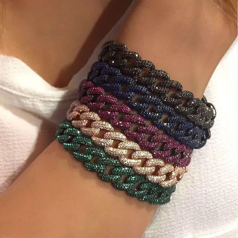 high quality Micro pave 5A cubic zirconia cz iced out bling 10mm colorful cuban link chain bracelet for women 250530