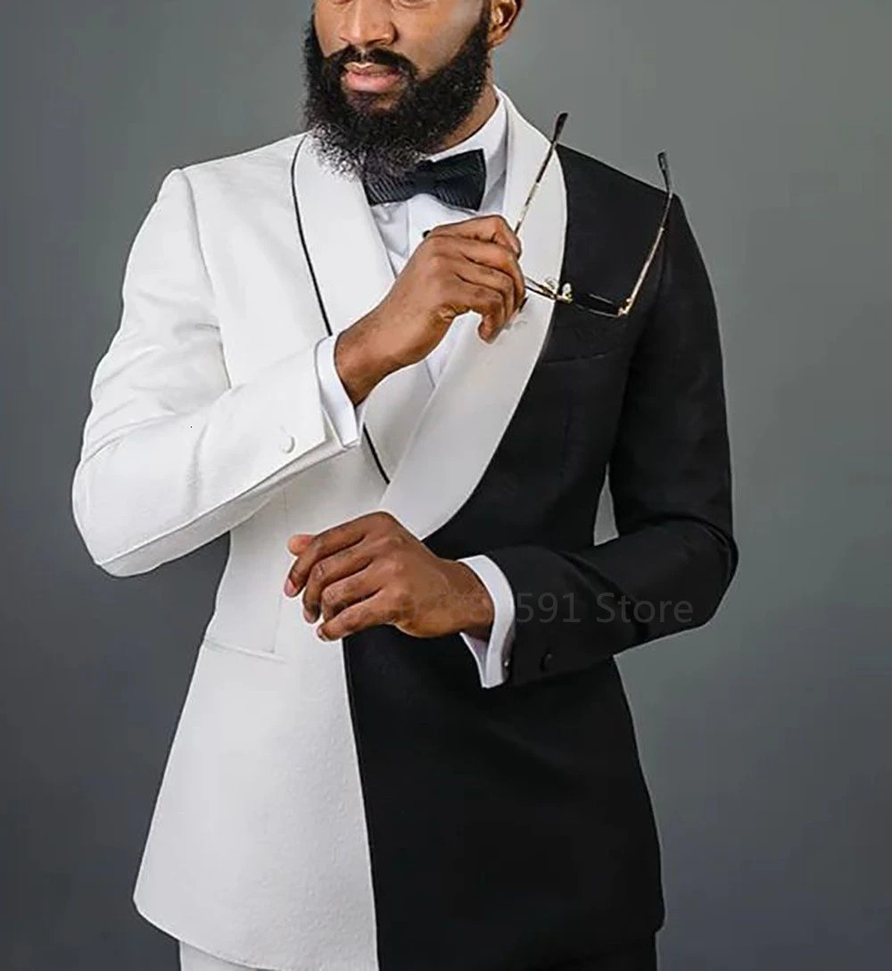 est Splicing Colors 2 Pieces Men Suits Set Wedding Groom Tuxedo White Black BlazerPants Custom Made Prom Dress Coat 250605A