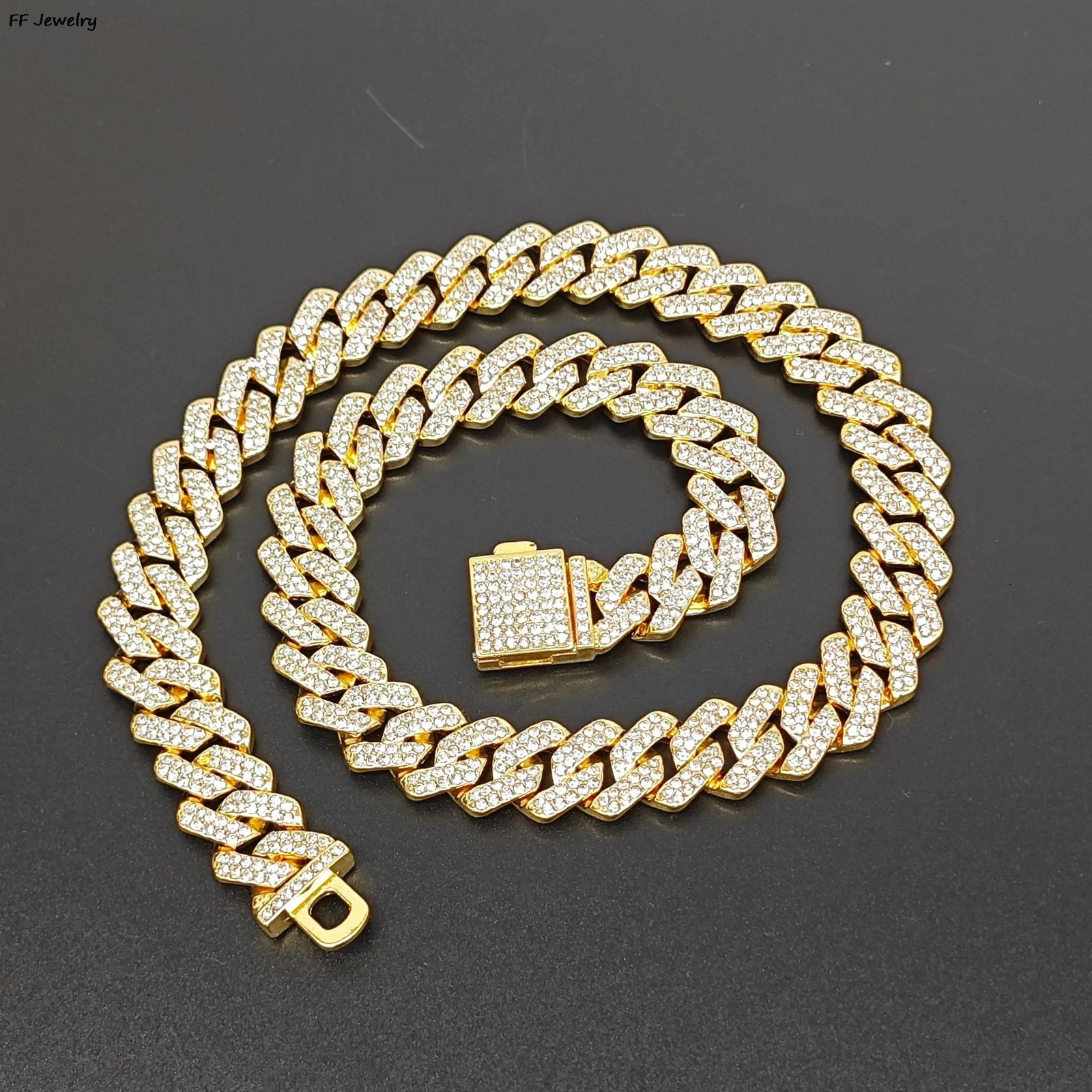 16/18/20/24inch Cuban Link Chain Hip Hop Iced Out Paris Chain 2 Row Rhinestone Paved Miami Rhombus Cuban Men Necklace 250530