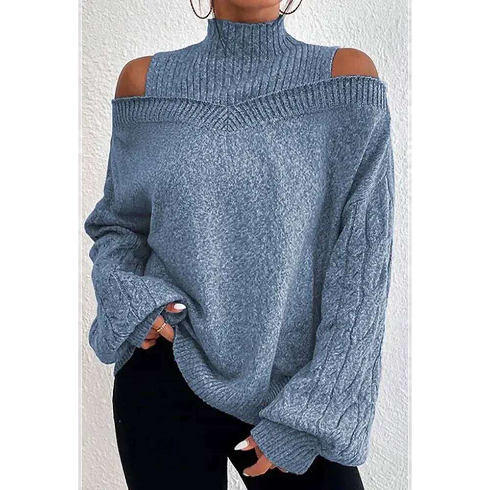 Plus Size Casual Black Cable Knit Lantern Sleeve Cold Shoulder Sweater