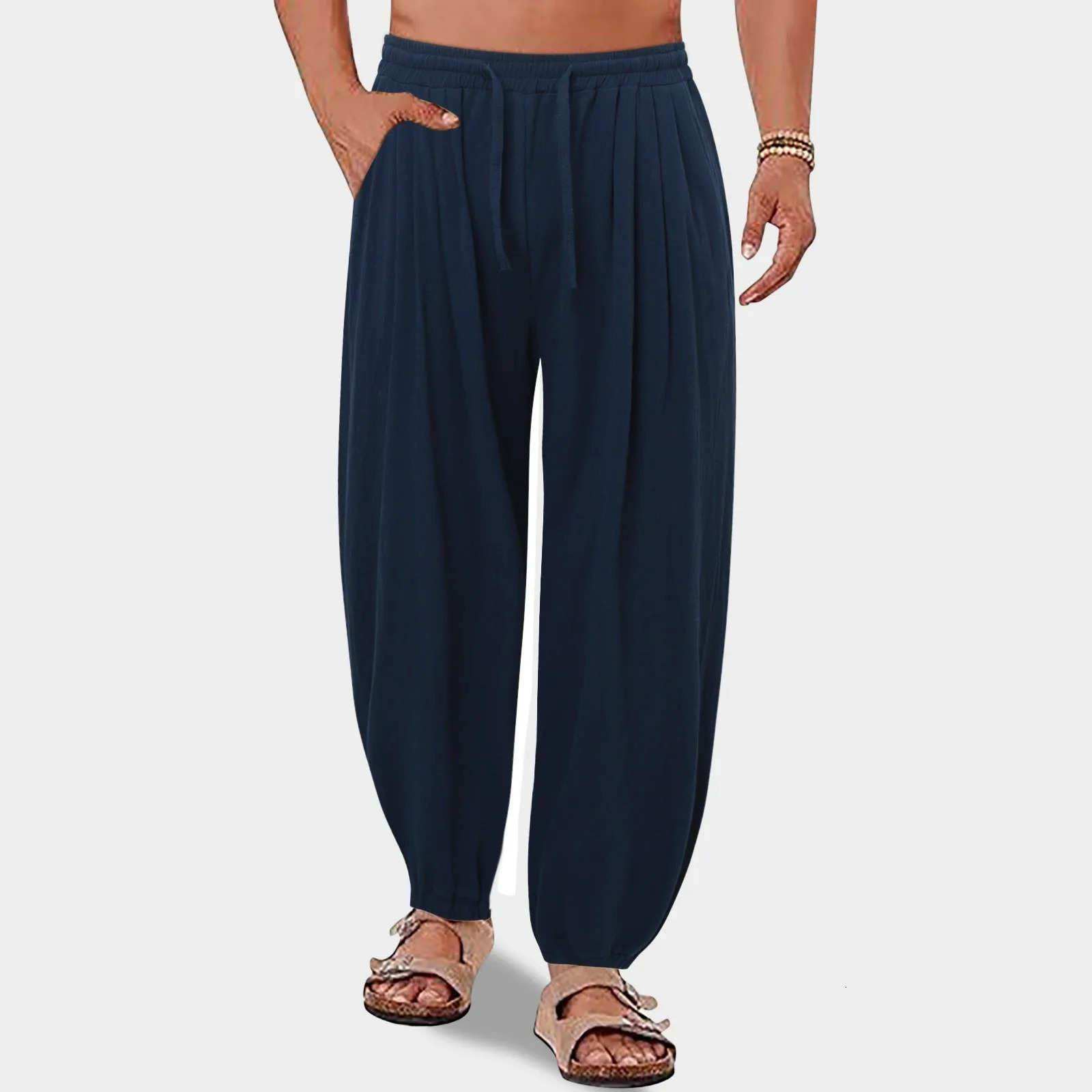 Mens Linen Yoga Pants Elastic Waist Beach For Men Casual Harem Joggers Sweatpants Solid Loose Fit Baggy Trousers 250605Z