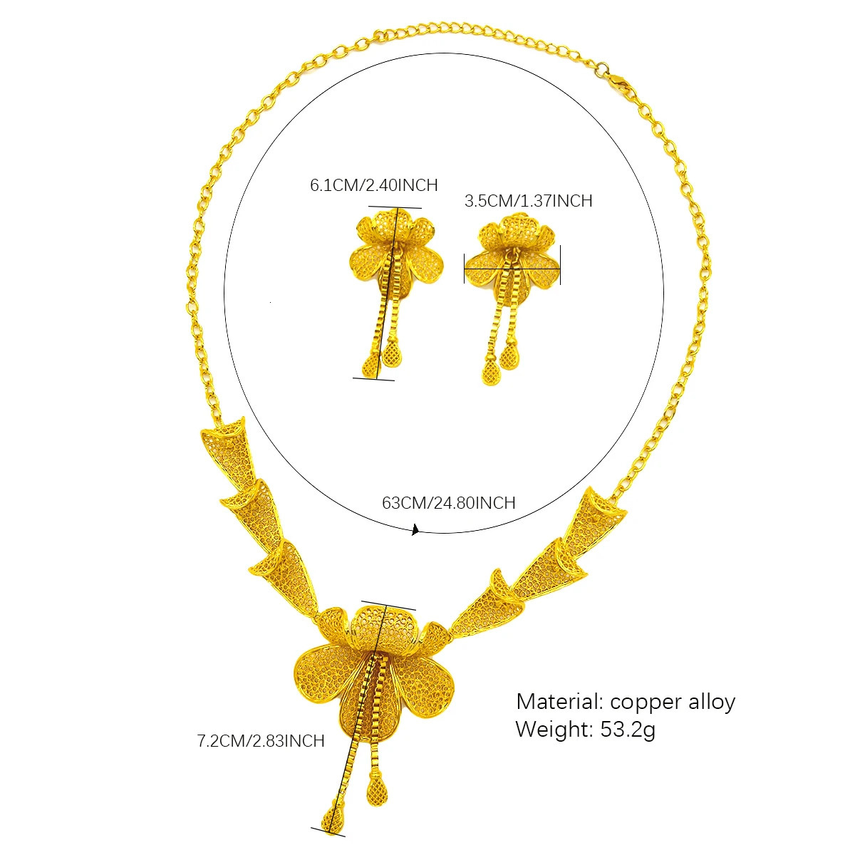 Dubai Indian African Flower Necklace Earrings Jewelry Set For Women 24K Gold Plated Nigeria Bridal Wedding Party Gift Jewellery 250530