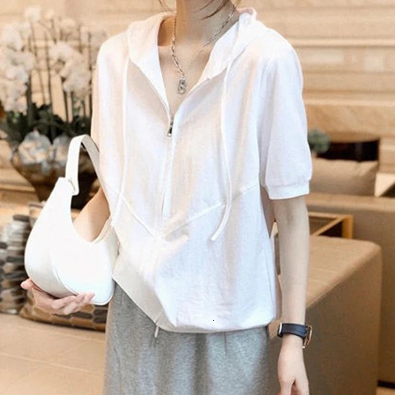 Y2K Women Short Sleeve Hoodies Summer Zipper Fashion Female Streetwear T Shirts Korean Casual All Match Student White Tops 250604