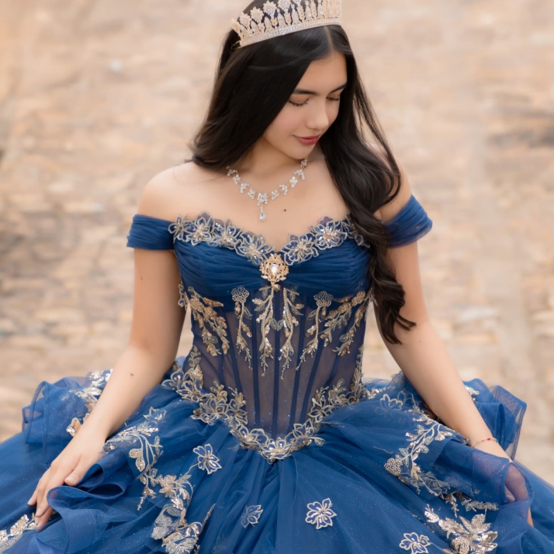 Navy Blue Quinceanera Dresses Ball Gown Off Shoulder Gold Lace Applique Beads Tull Corset Sweet 16 Birthday Party Gown Vestidos 15 Anos