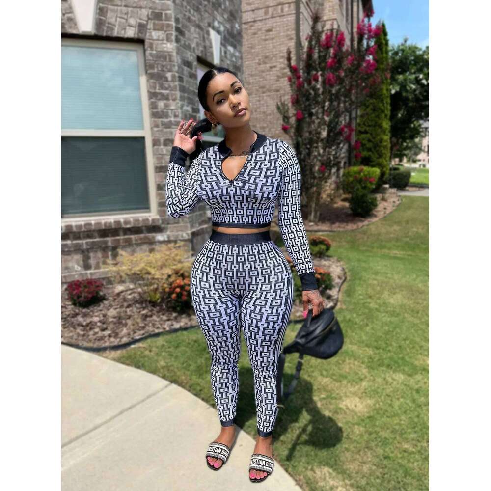 Gotoola Stretch Knitted Printing Suit Sleeve Zipper Short Top Elastic Long Pants Two-Piece Set Three Colors Available