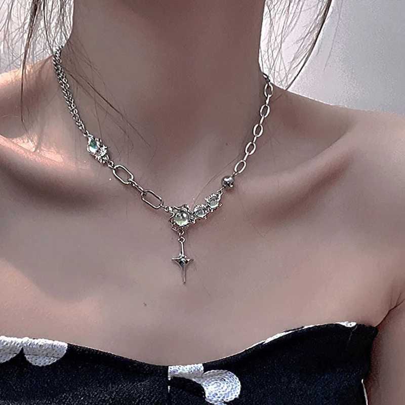JWER Trendy Bling Moonstone Star Cross Pendant Necklace for Women Punk Hip Hop Star Chain Crystal Necklace Party Y2K Jewelry Gift XJ250604