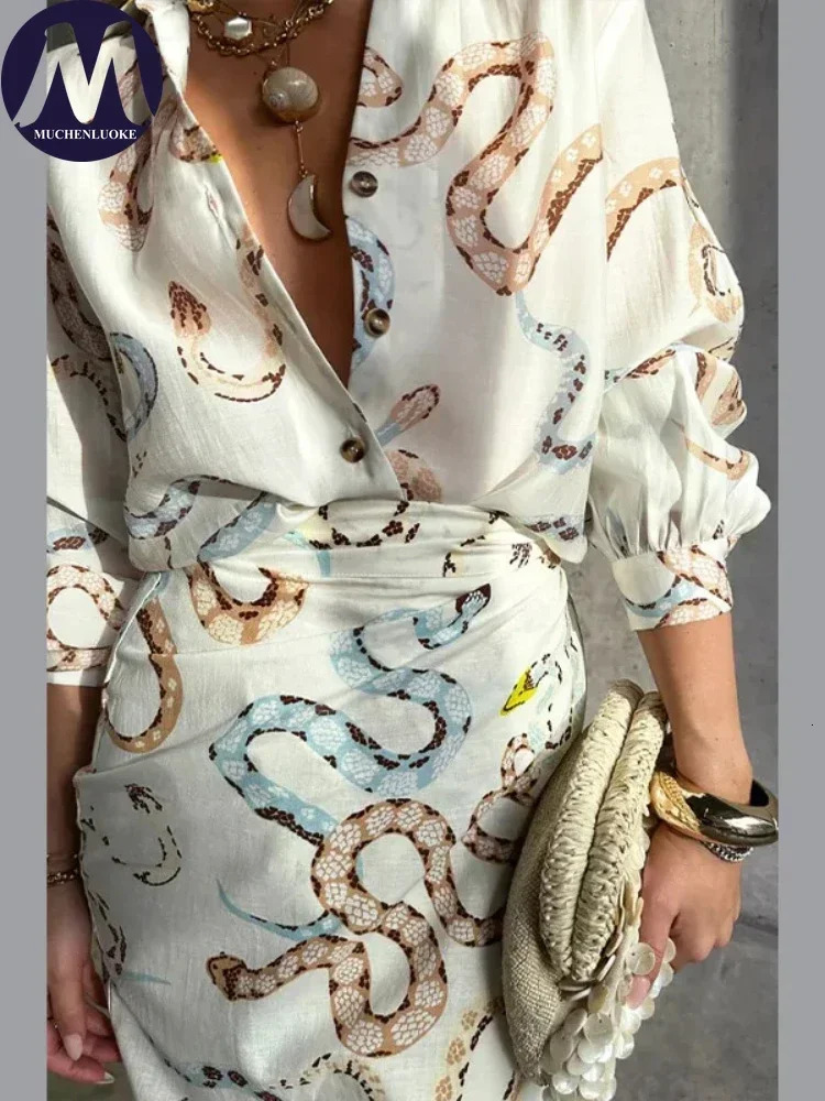 Womens Printed V Neck Shirt Dress Long Sleeves Fashionable Casual Loose High Waisted Slit Skirt Summer 2025 250605Z