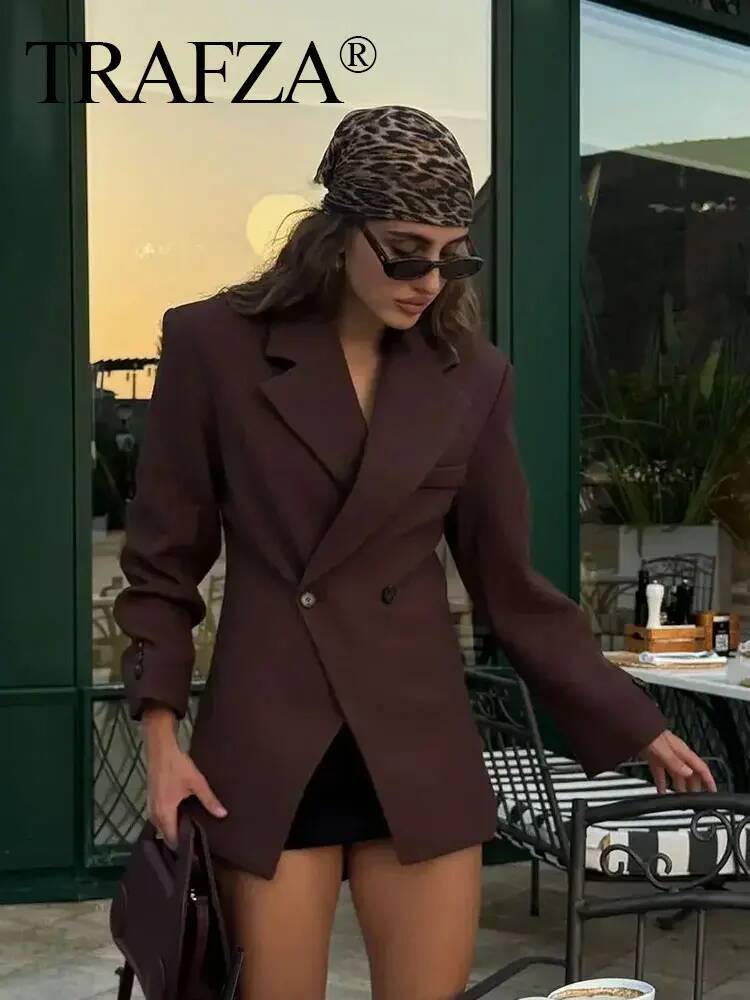 TRAFZA Women Elegant Solid Lapel Two Buttons Suit Jacket Fashion Long Sleeve Slim Short Coats 2025 New Casual Office Lady Blazer