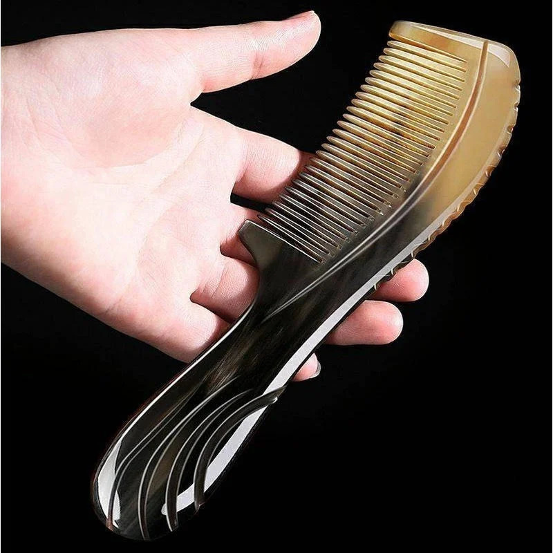 Natural Buffalo Horn Comb Fine Teeth Anti Static Massage Hair Comb with Thickening Round Handle for Head Health 250603