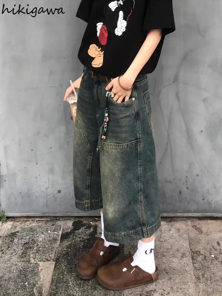 Streetwear BF Blue Jeans Women Vintage Summer Y2k Shorts Wide Leg Pants High Waist Straight Casual Denim Trousers Womens Pants 250604