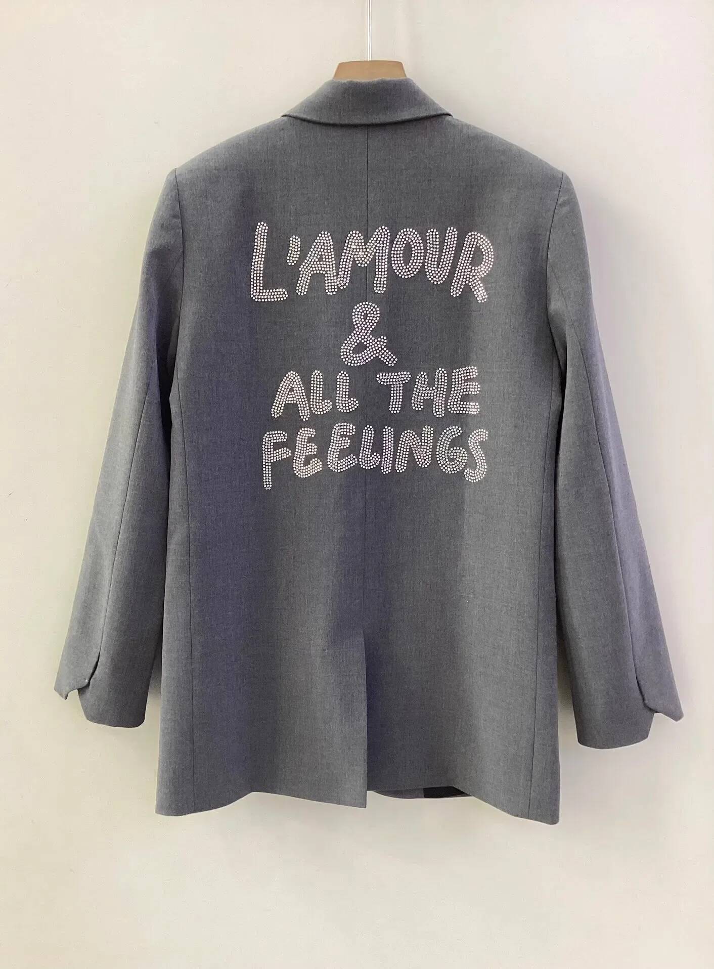 Embellished Rhinestone Blazer Grey Button Fastening Pockets Long Sleeve Autumn Winter Jacket Women