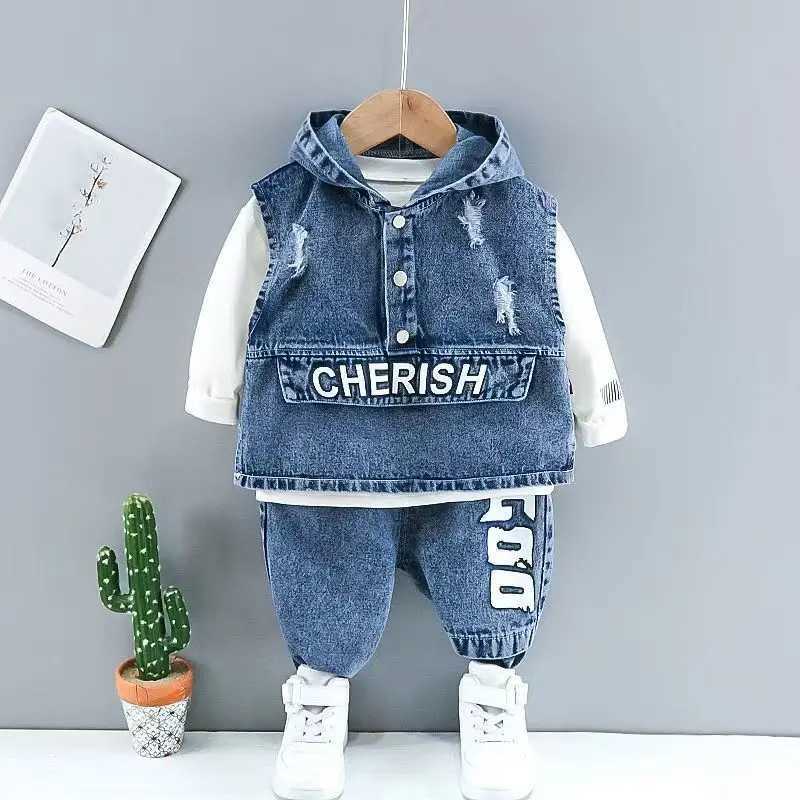 Baby Boys Clothes Spring Autumn Fashion Ripped Denim Suit Letter Denim Jacket Hooded Vest + Bottoming Shirt + Pants 3-Piece set R250605