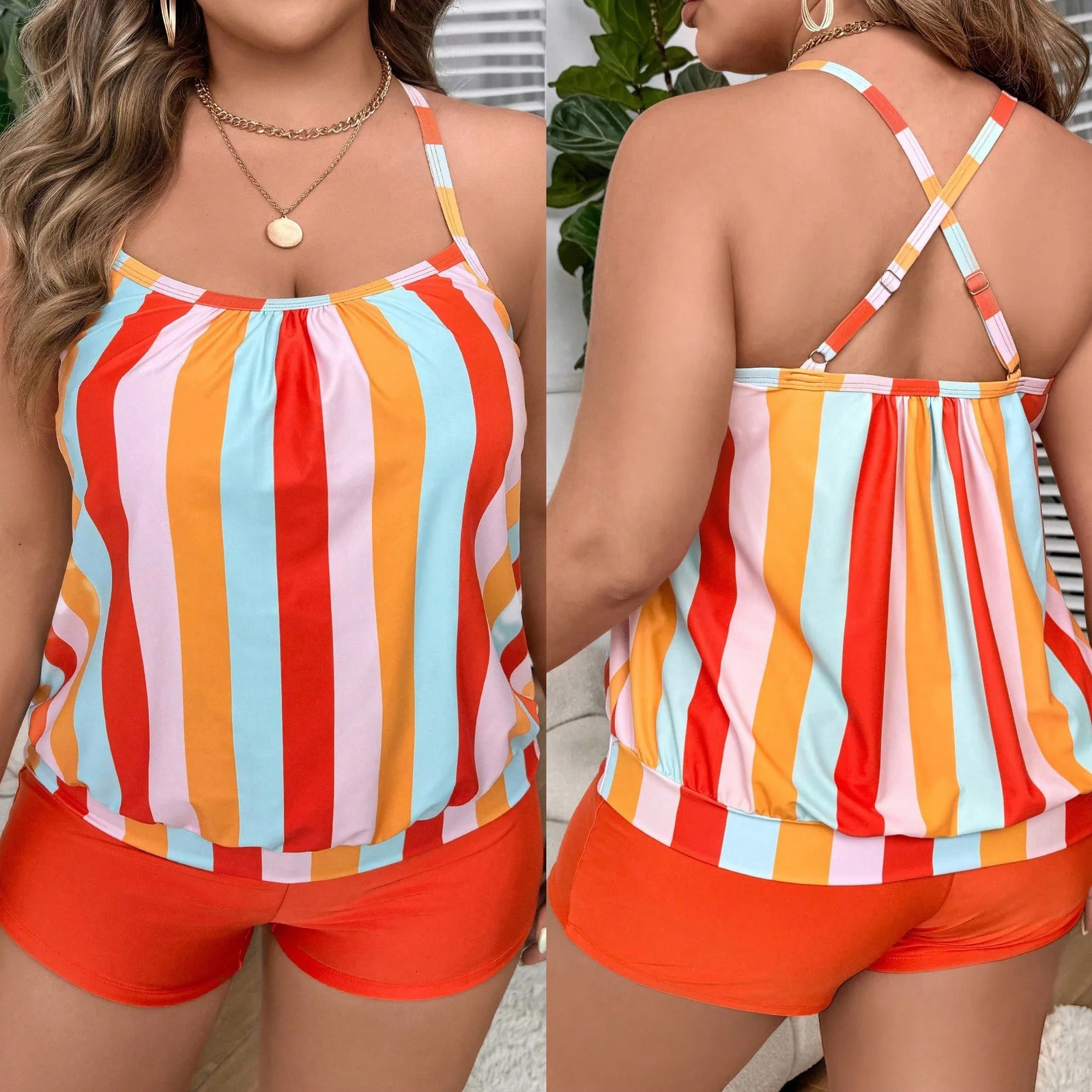 Plus Size Split Swimsuit for Women Flat Cornered Striped Printed Skirt Style Casual Y2k 250603