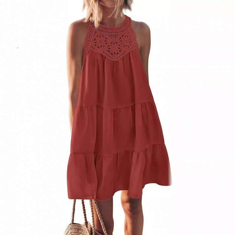 Women's Shein Hollow Out Lace Trim Patchwork Halter A-Line Dress B5