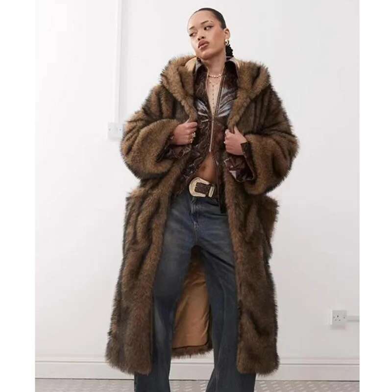 New faux fox fur Wolf skin coat, women's long winter thick and hooded