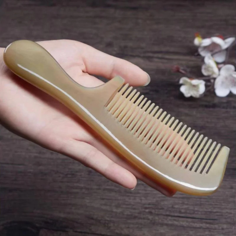 Natural Ox Horn Comb Anti-Static Fine Tooth Hair Styling Detangling Comb with Handle for Men Women Head Scalp Health Care 250603