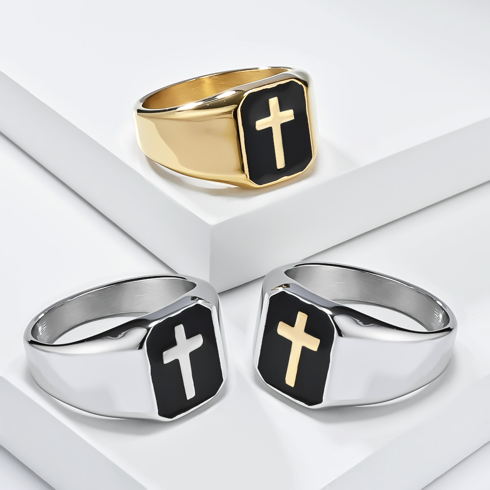 Hip Hop Square Ring Black oil drop Stainless Steel Cross 18K Gold Plated Jewelry