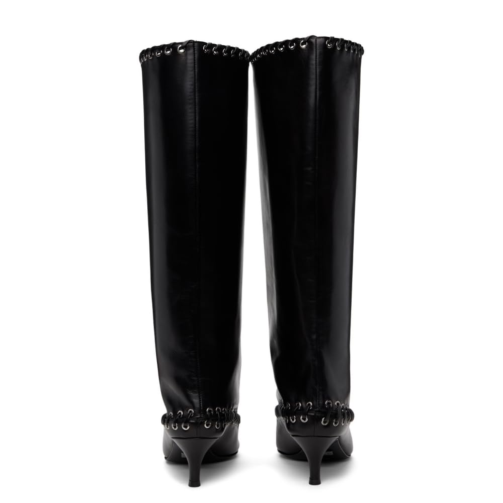 ARQA Laced Embellishment Knee High Boots Women Metal Eyelets Pointed Toe Tall Boots Kitten Heel Bow Tie Long Boot