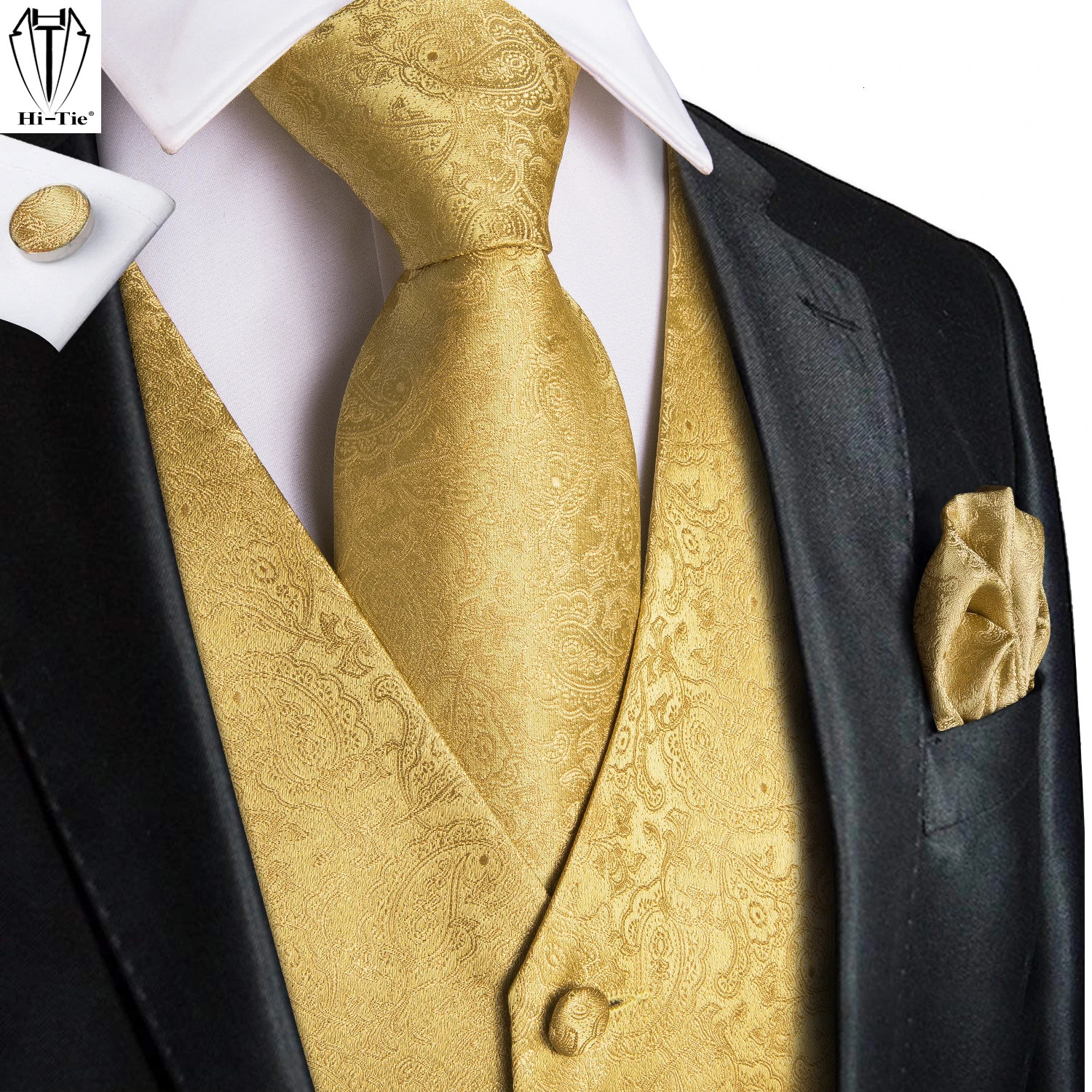 Gold Mens Vests Silk Red Blue Green Waistcoat Tie Bowtie Hanky Cufflinks Set Male Waist Jacket Wedding Office HiTie 250605Z