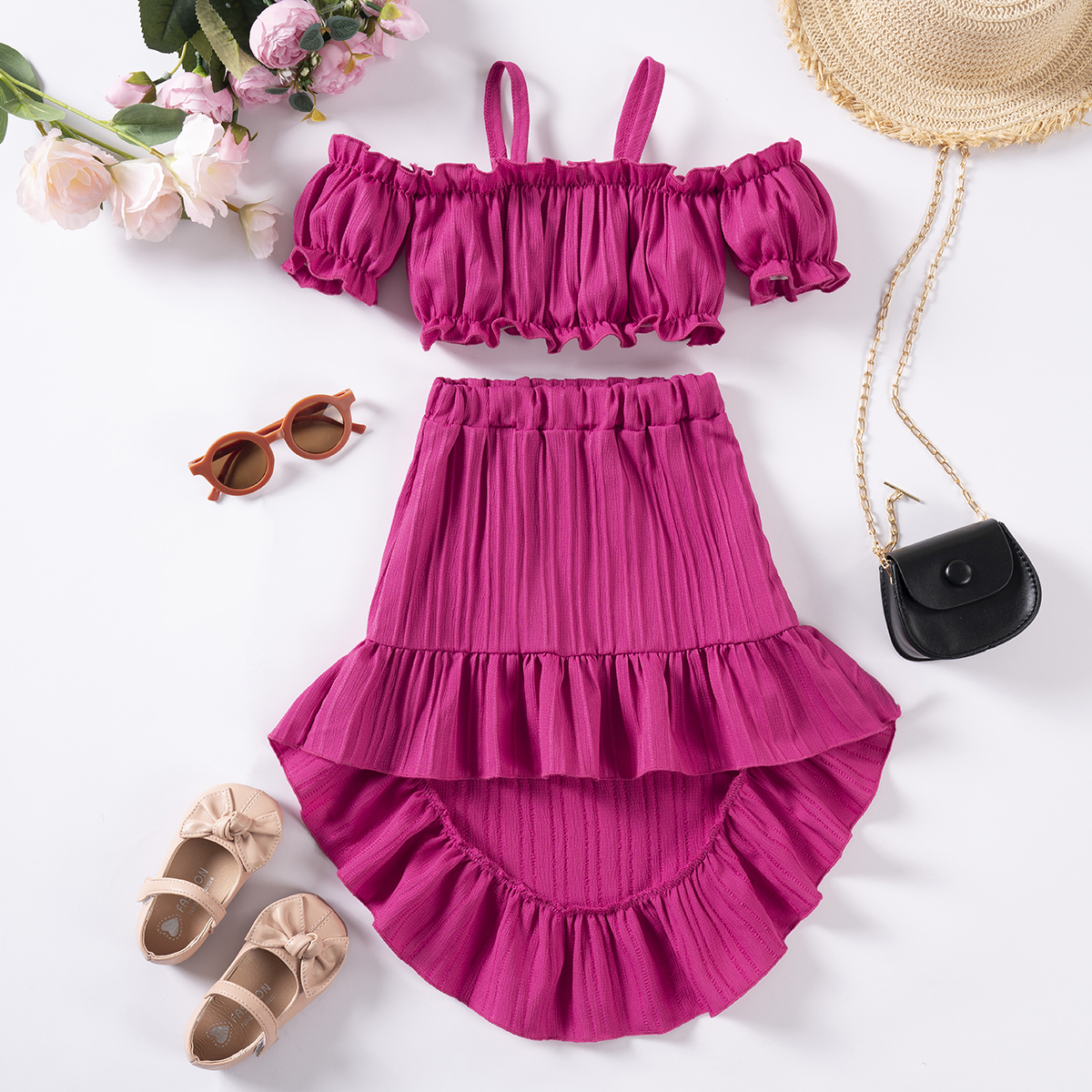Baby girl summer set with solid color suspender and skirt 2-piece set, designed for girls, suitable for daily wear and party wear, preferred for outdo