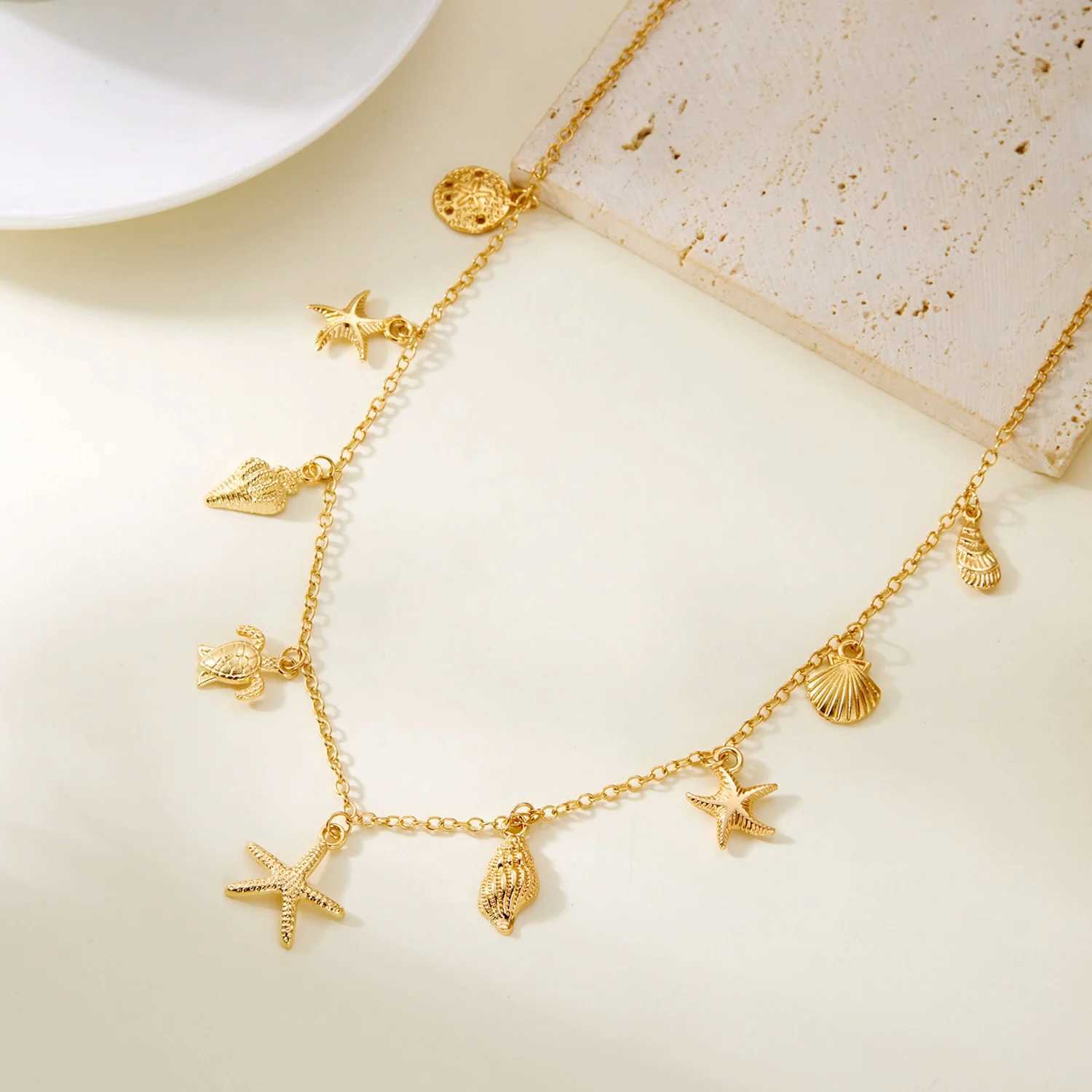 Bohemian Starfish Shell Conch Turtle Pendant Necklace for Women Imitation Pearl Charm Chain Necklace Beach Jewelry Vacation Gift XJ250604
