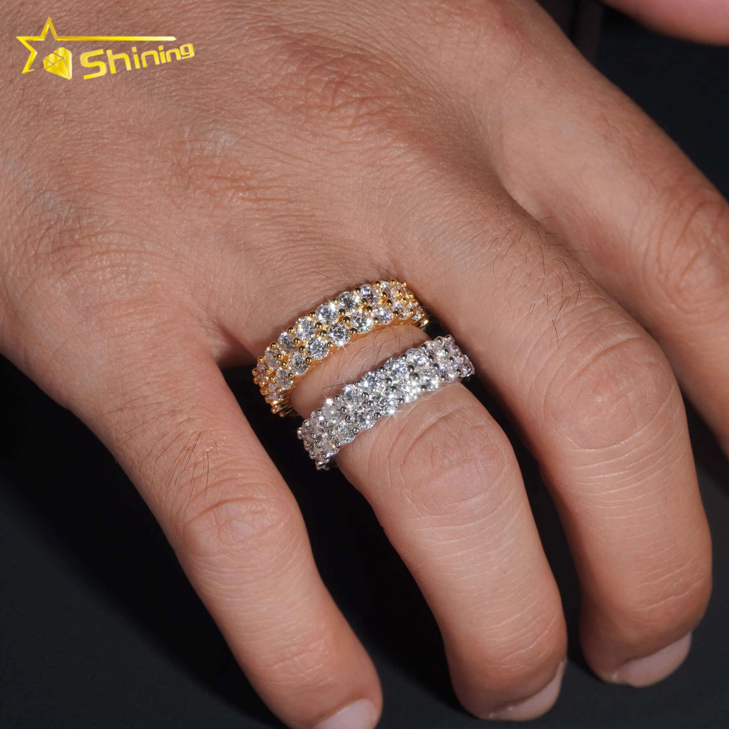 Fine Jewelry GRA Solid 925 Sterling Silver Gold Plated Iced Out Diamond Moissanite Fully Iced Double Rows Wedding Band Ring