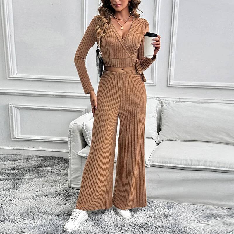 Europe And The United States New Autumn Simple Advanced Pure Color Lace-Up Two-Piece Fabric Casual Comfortable Women's Suit