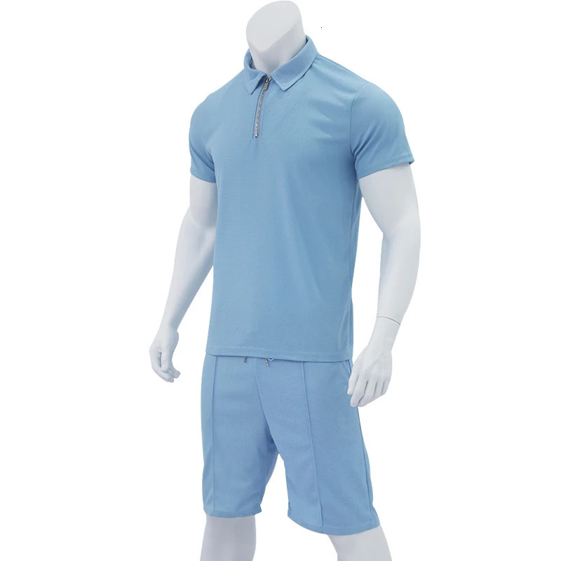 Summer Mens Polo Shirt Set Solid Color Waffle Short Sleeve Slim Fit Polo Neck T-shirt Casual Mens Style 250604