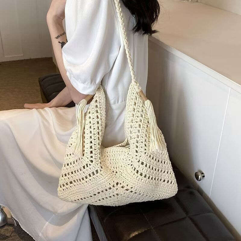Straw Beach Tote Woven Women S Summer Shoulder Beach Vacation Versatile Yarn Large Capacity Crossbody Bag Straw Large Tote