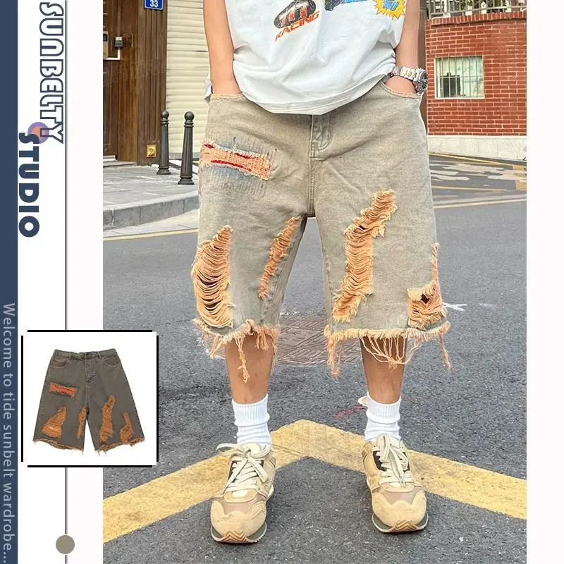 Casual Shorts Street Washed Distressed Raw Hem Ripped Denim Retro Men Clothing Summer Loose Straight Knee Length Solid Pants 250529