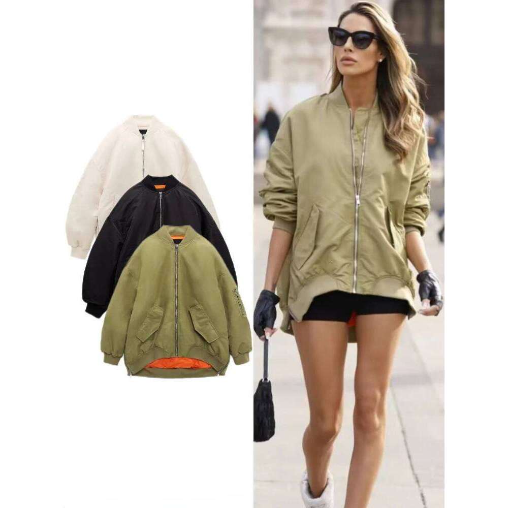 Coats Designer Women ZBZA Women's Spring Autumn Round Neck Loose Bomber New Oblique Pocket Zipper Oversized Jacket Coat Chic Female Outerwear Des