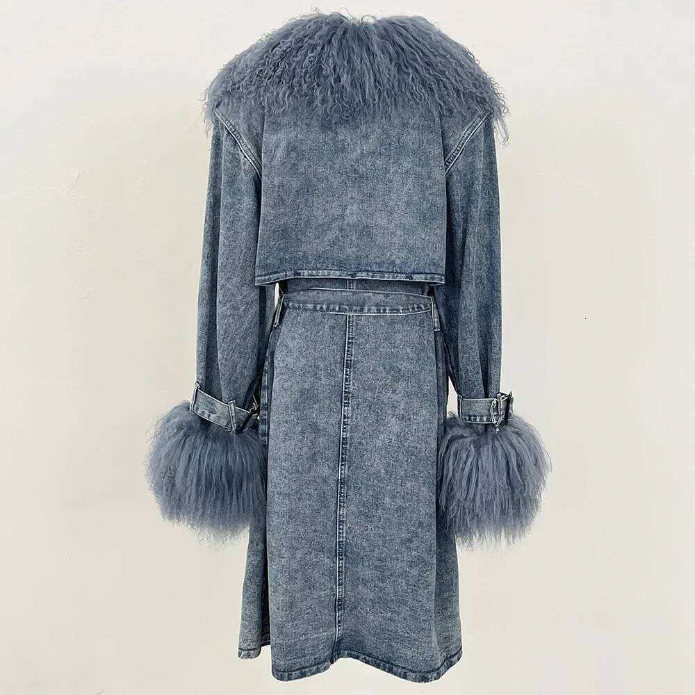 OFTBUY Fashion Mongolian Lady Spring Autumn Denim Jacket Long Trench Detachable Collar Fur Coat