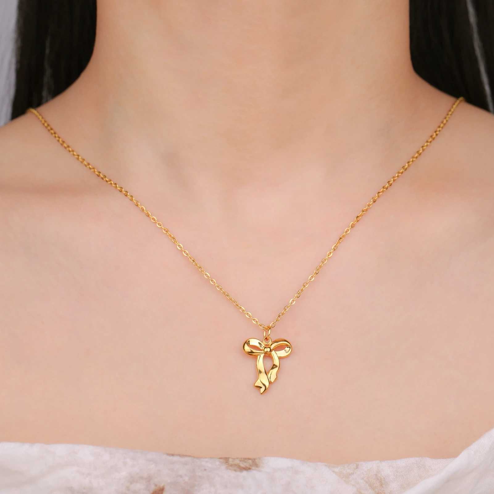 Skyrim Sweet Bowknot Pendant Necklace for Women Girls Stainless Steel Gold Color Chain Choker Trendy Birthday Jewelry Wholesale XJ250604