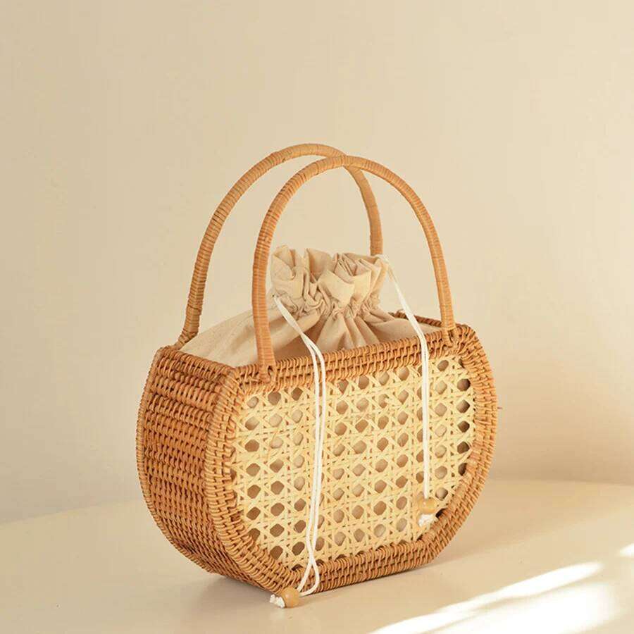 Rattan Basket Handbags Women Hollow Out Handwoven Drawstring Top-Handle Bag Summer Beach Female Storage Clutch Travel Totes