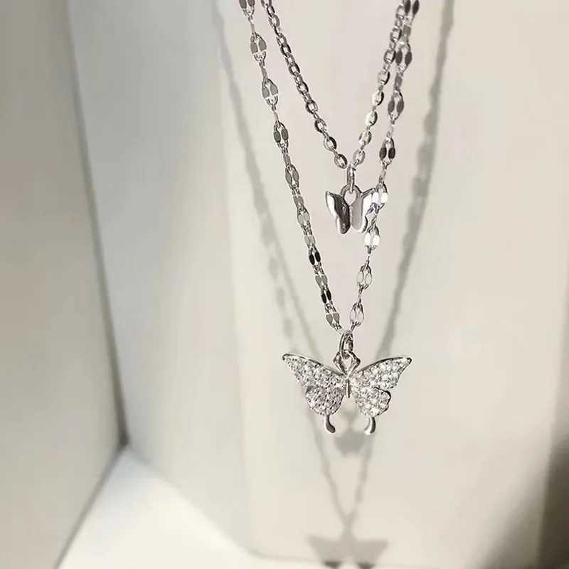 Women Shiny Butterfly Necklace Fashion Double Layer Pendant Cross Choker Neck Chain Light Luxury Clavicle Chain Party Jewelry XJ250604