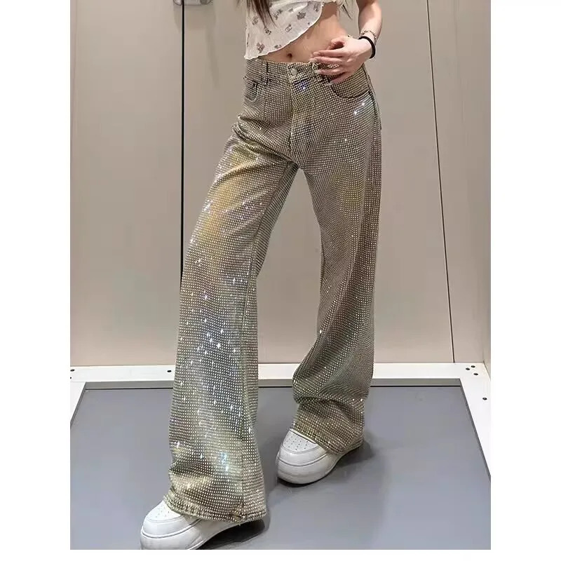 Full Diamond Printing Belt Wash Casual Loose Straight Jeans Hip Hop Y2k WOMEN Jeans 250604