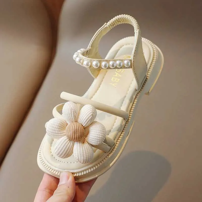 Sandals Childrens Girls Fashion Flower Pearl Sandals 2024 Summer Princess Breathable Non-Slip Sandals Flat Beach Soft Shoes for Kids z250708U378