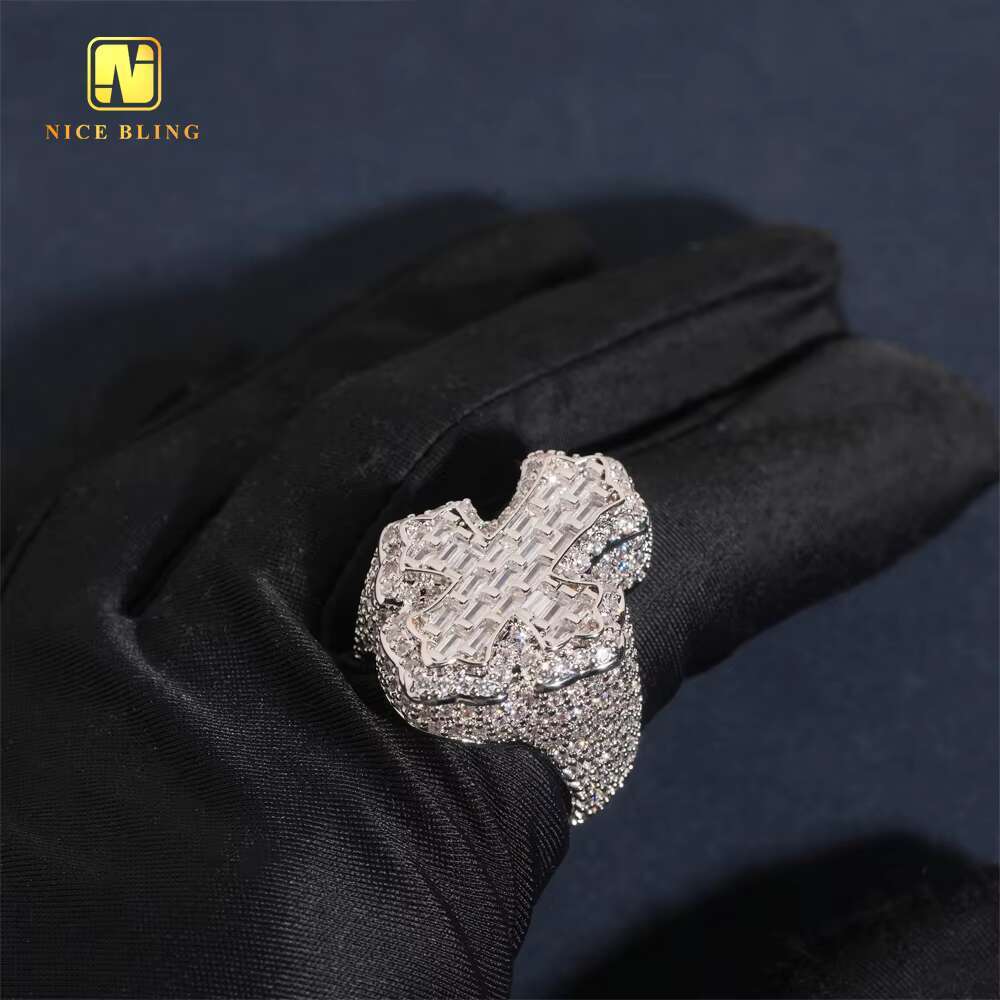 Fashion Jewelry Ring Baguette Hip Hop Brass 5A Cubic Moissanite Full Diamond Iced Out Jewelry Cross Rapper Ring for Men