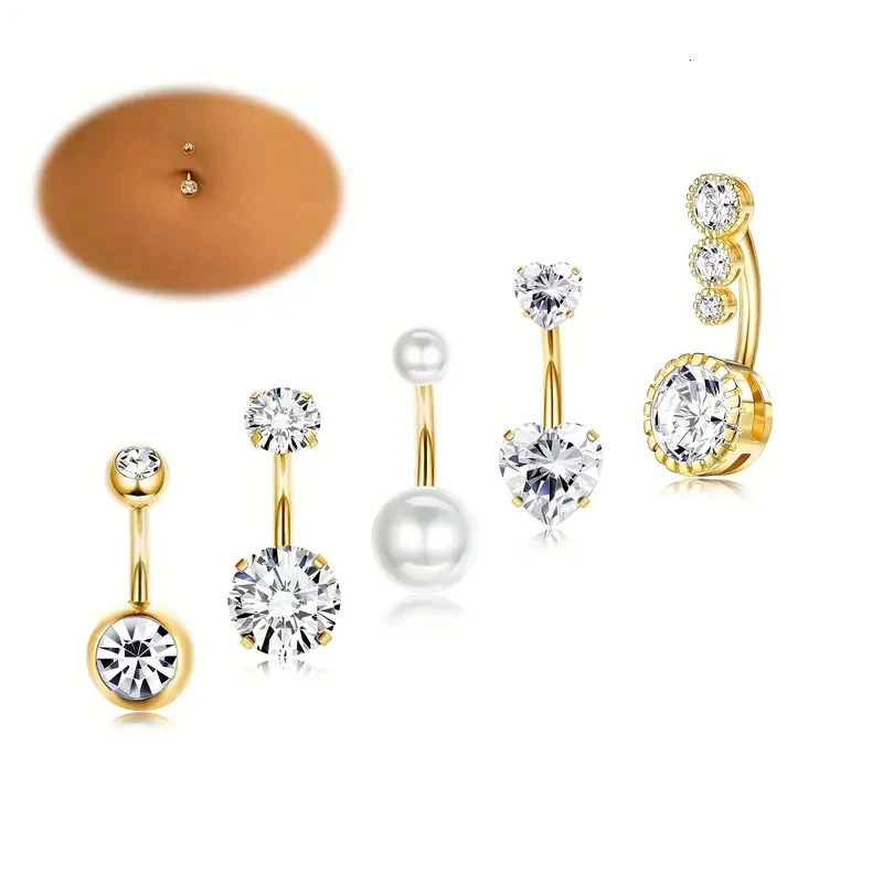 Set of 5pcs Elegant 14G Stainless Steel Belly Button Ring for Women Sparkling Cubic Zirconia Pearl Inlays for Vacation Daily 250530