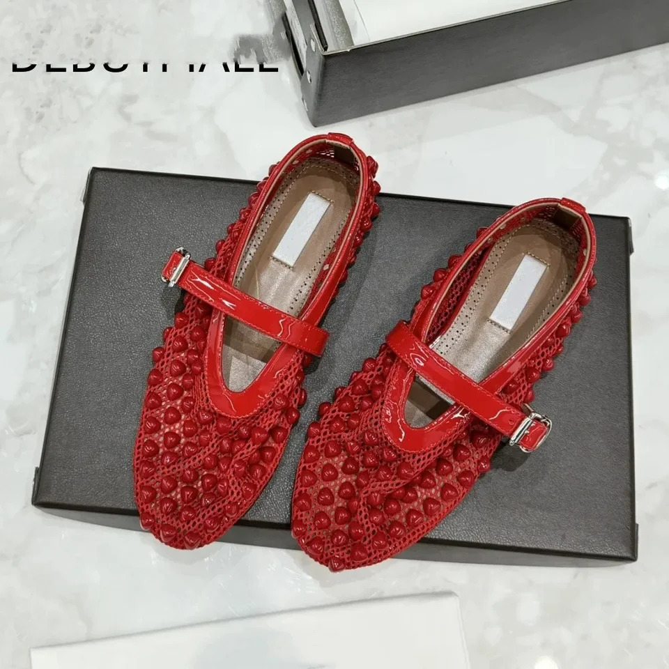 patent leather patchwork mesh heart-shaped flat bottom straight strap Mary Jane single shoe ballet shoes 250603