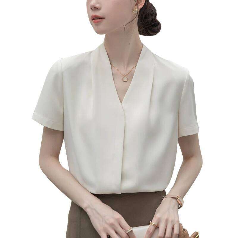 2025 Fashion Summer Short Sleeve V-Neck White Blouse Shirt Women Tops Blouses Shirts Blusas Para Mujer Camisas Xl86