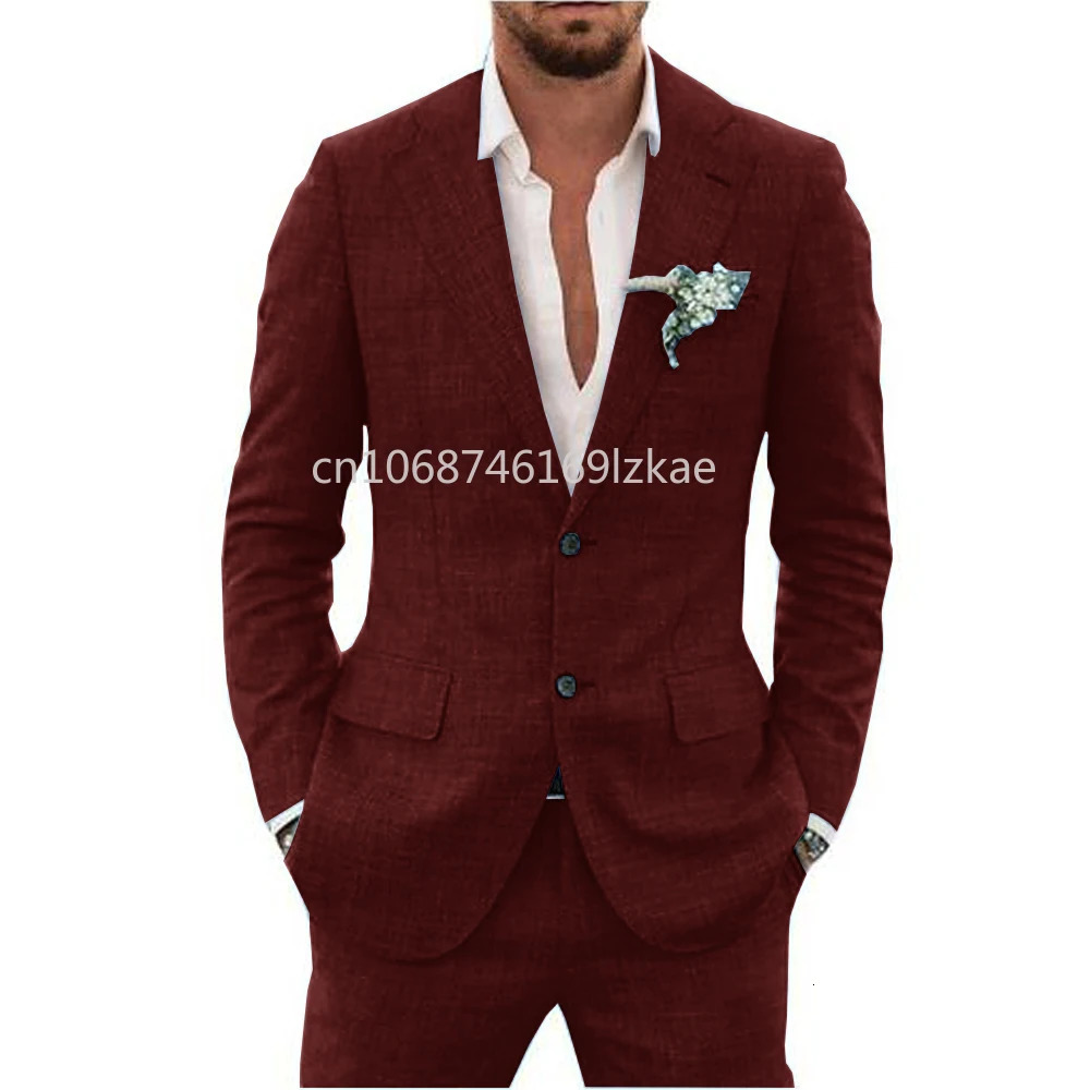 Linen Suiting Fabric Full Mens Suit Lapel Collar Single-breasted 2 Piece Set Elegant Man Suits High Quality Blazer 250530